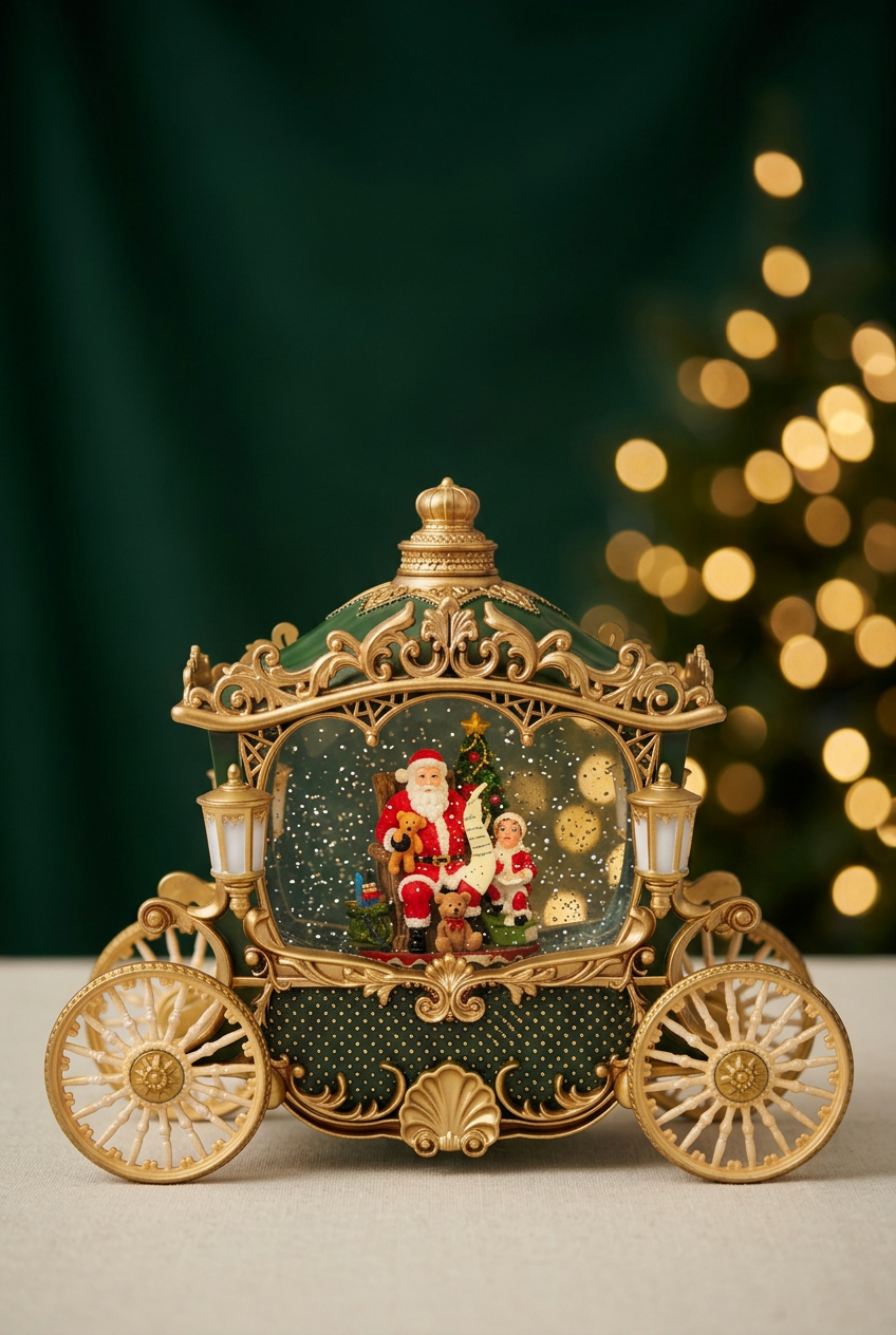 Carruaje navideño en composición vertical con fondo verde
