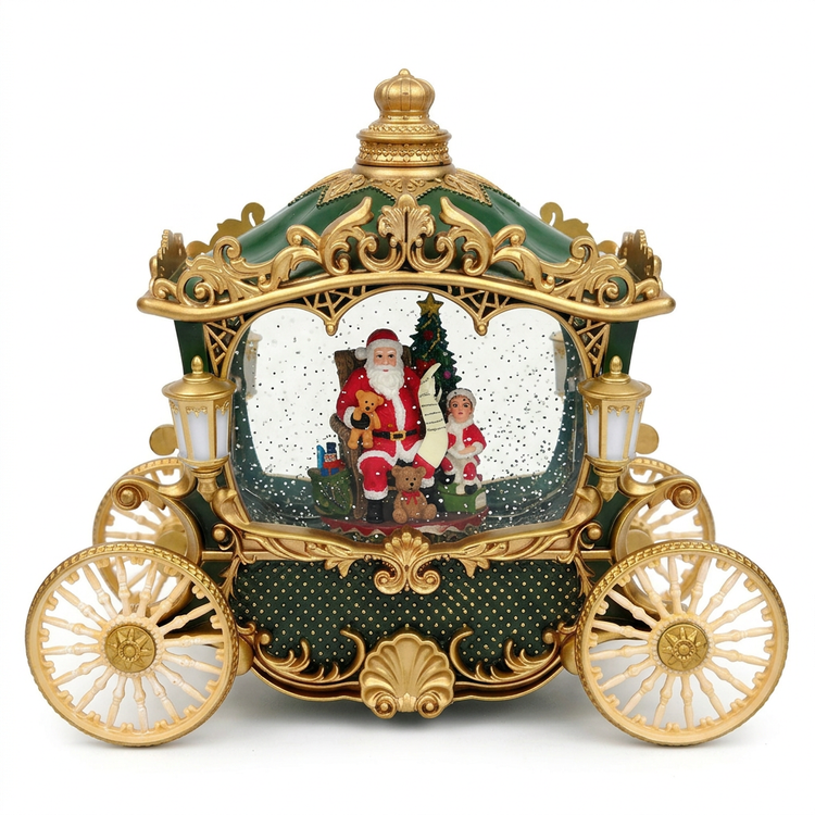 Carruaje navideño verde y dorado sobre fondo blanco